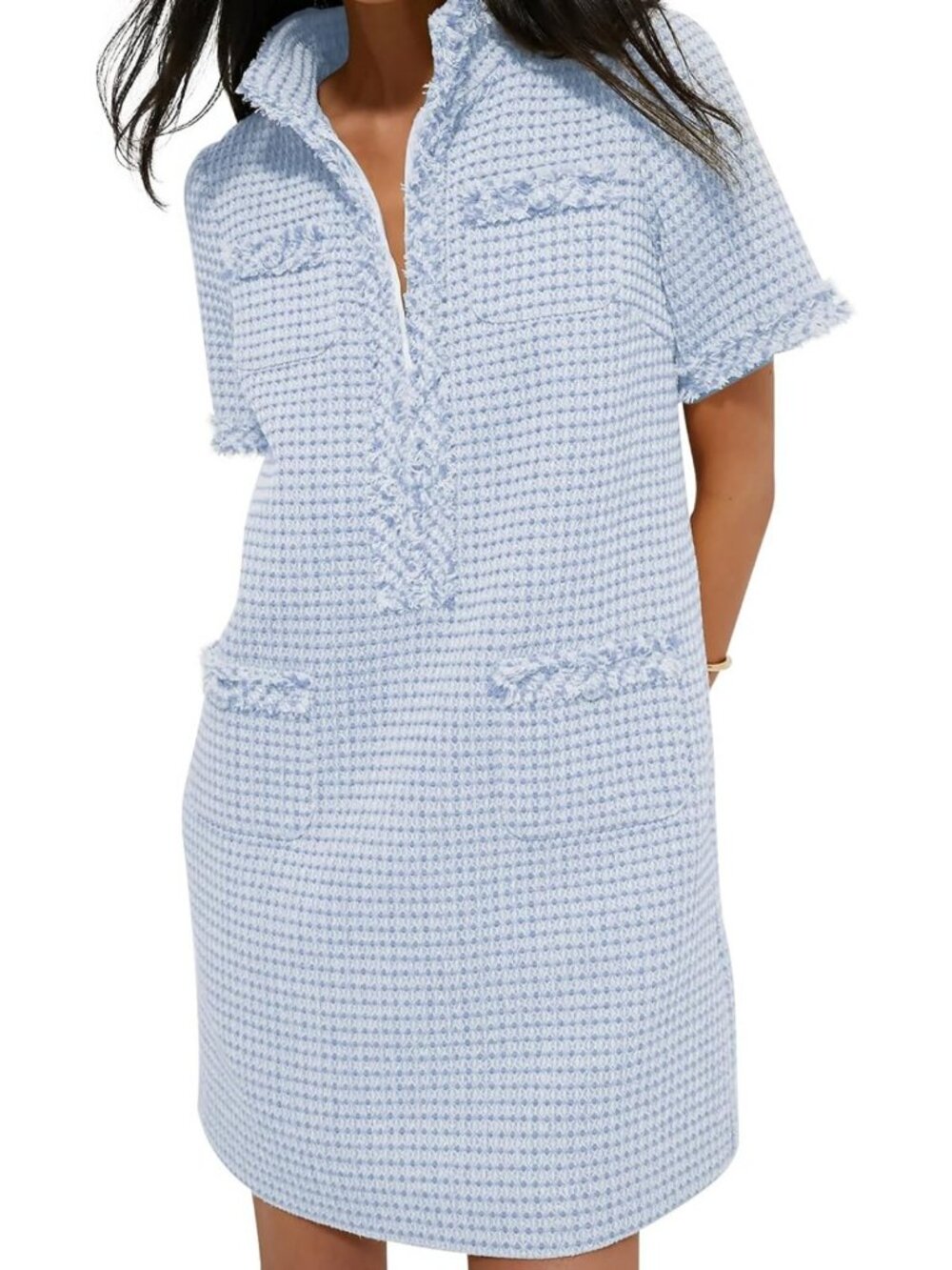 Elegant Women's Tweed Mini Dress - V Neck, Short Sleeve, Business Casual Shift